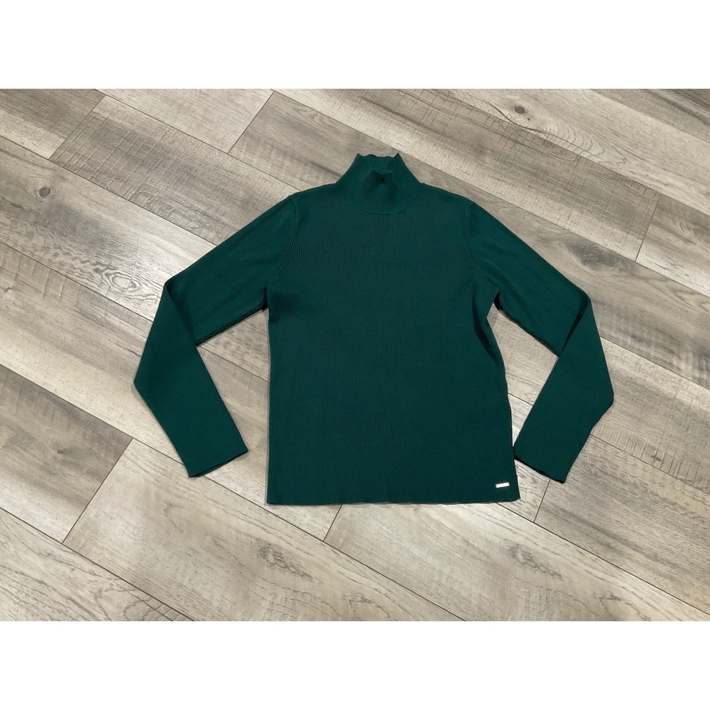 DKNY Jeans Womens Forest Green Ribbed Knit Mock Neck Long Sleeve Sweater‎ Large